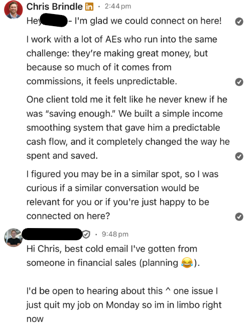 LinkedIn DM resonating with variable income content